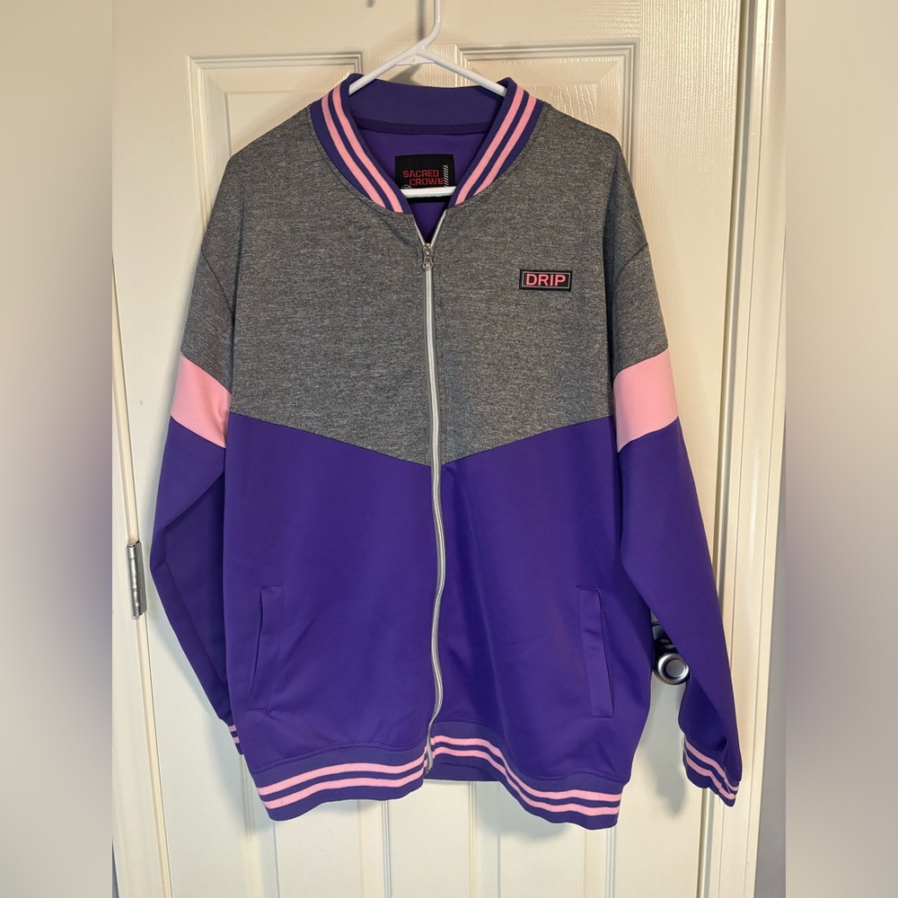 Sacred Crown Drip Jacket - purple and grey streetwear full zip jacket-size XL